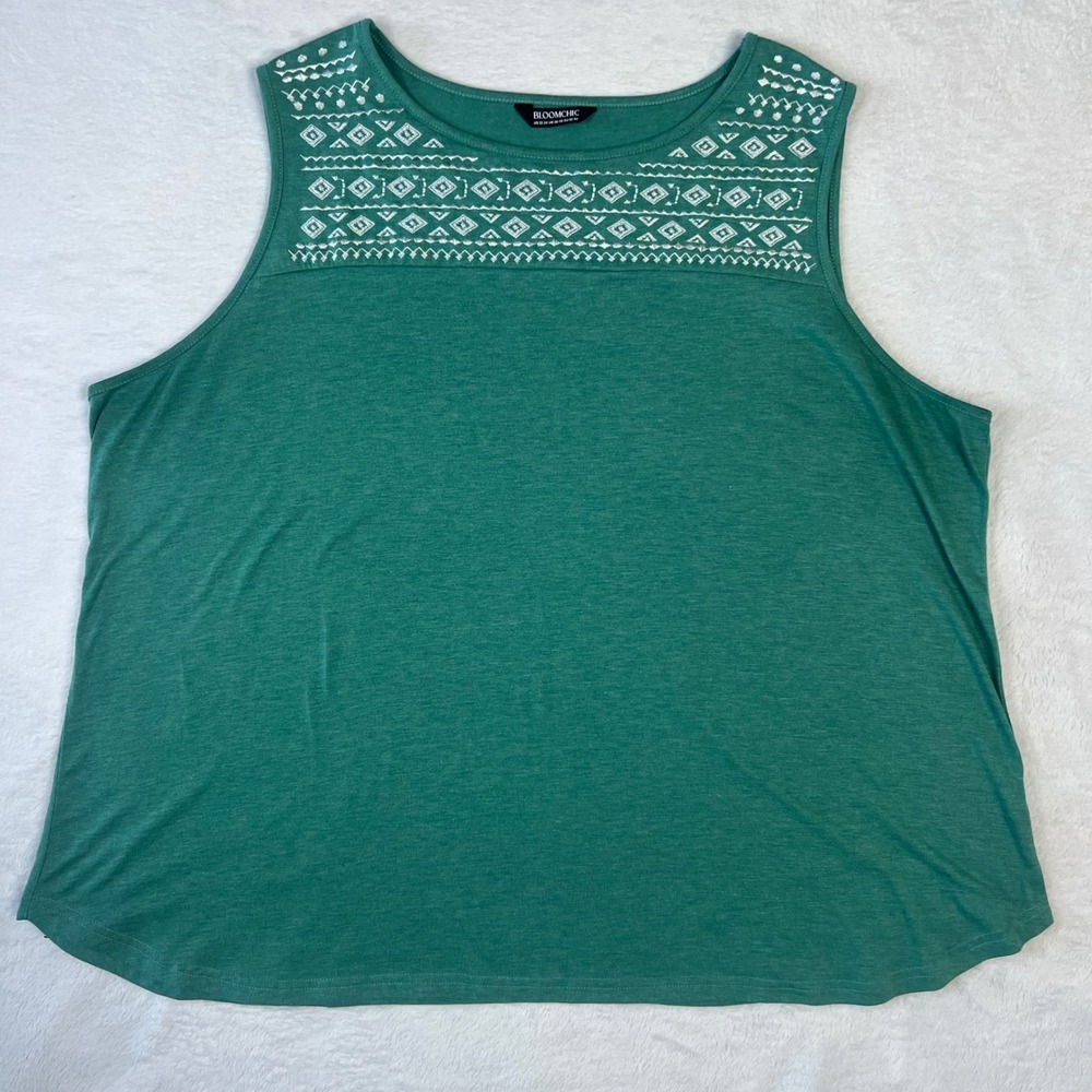 Bloomchic Teal Embroidered Sleeveless Tank Top Plus Size 22-24 Boho Heathered